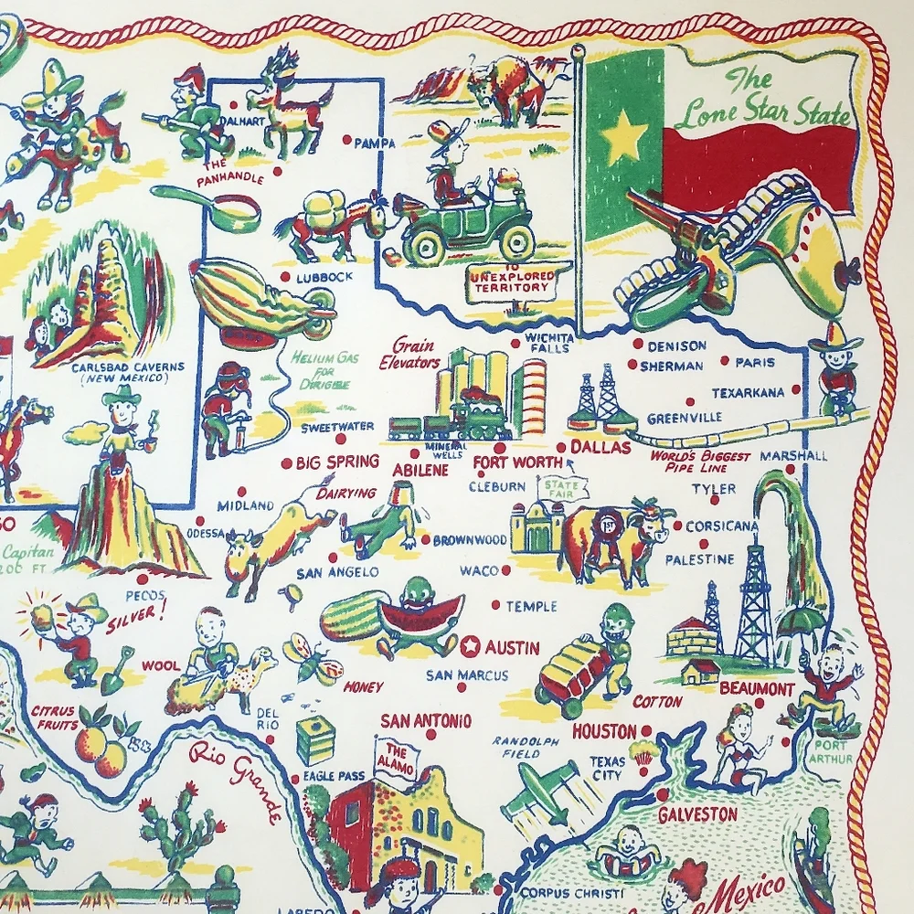 SOLD Vtg Texas Novelty Souvenir Tablecloth 37"x 32" Lone Star State Caricature - Picture 4 of 15